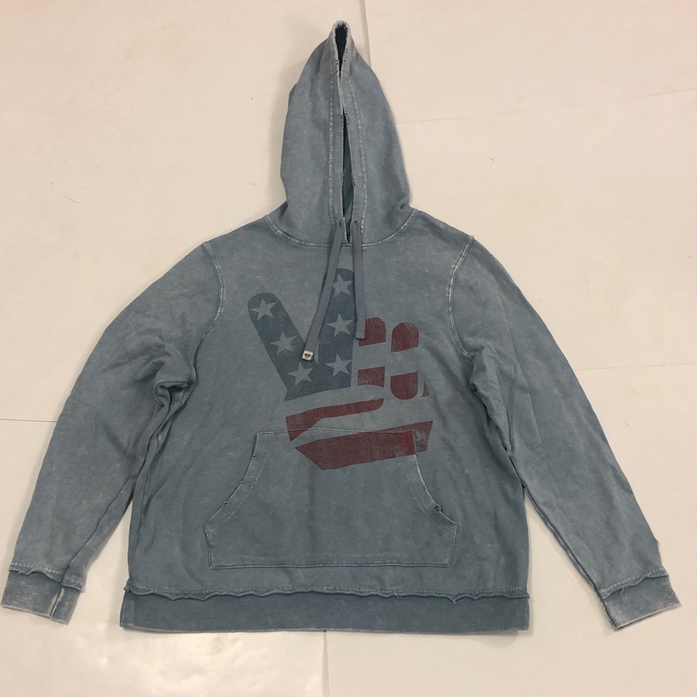 Junkfood XXL Hoodie Light Blue Kanga Pocket USA 🇺🇸 Peace Sign Graphic Distressed